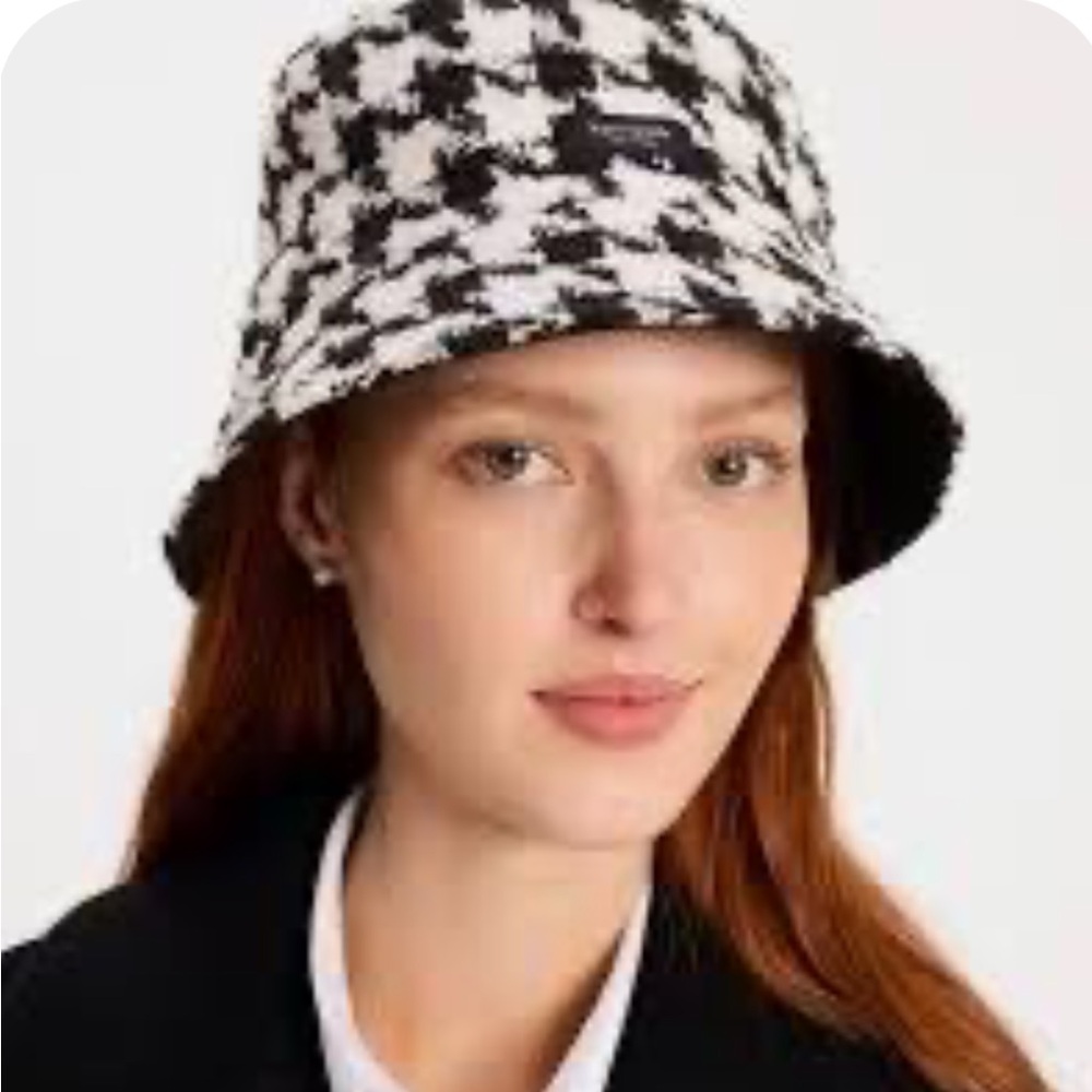 NEW KATE SPADE Black & White Houndstooth Bucket Hat reversible NWT $88.00